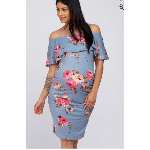 Hello MIZ Blue Floral Ruffled Fitted Maternity Off Shoulder Dress NWT Size Large - Picture 1 of 9
